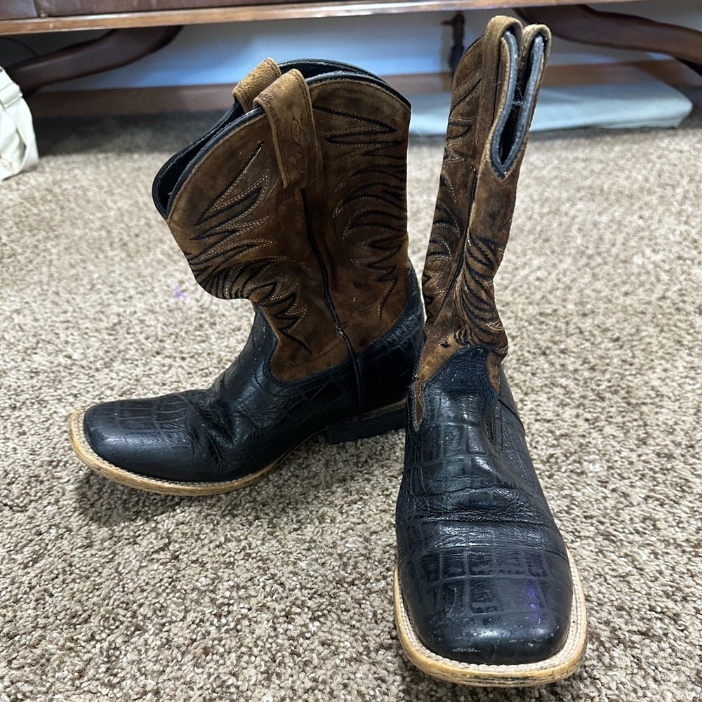 Ariat boys kids size 2 square toe alligator leather black brown cowboy boots